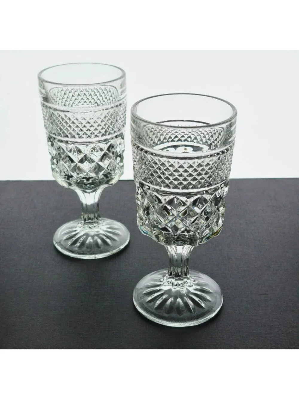 Vintage Anchor Hocking Wexford Goblet Set of 2, Criss Cross Pressed Glass, USA